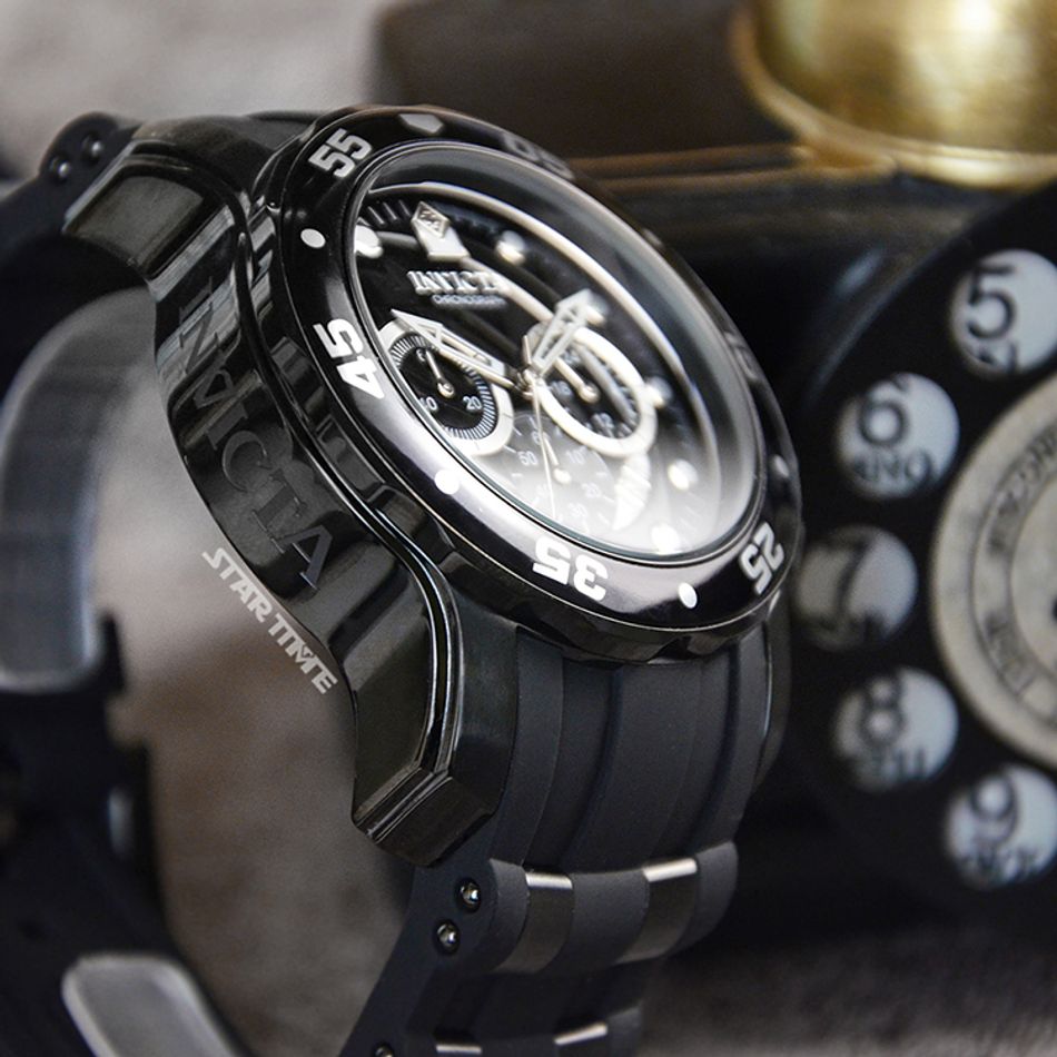 INVICTA ｜Pro Diver SCUBA 6986｜三眼計時 黑面 黑色不鏽鋼錶帶 石英錶左側細節