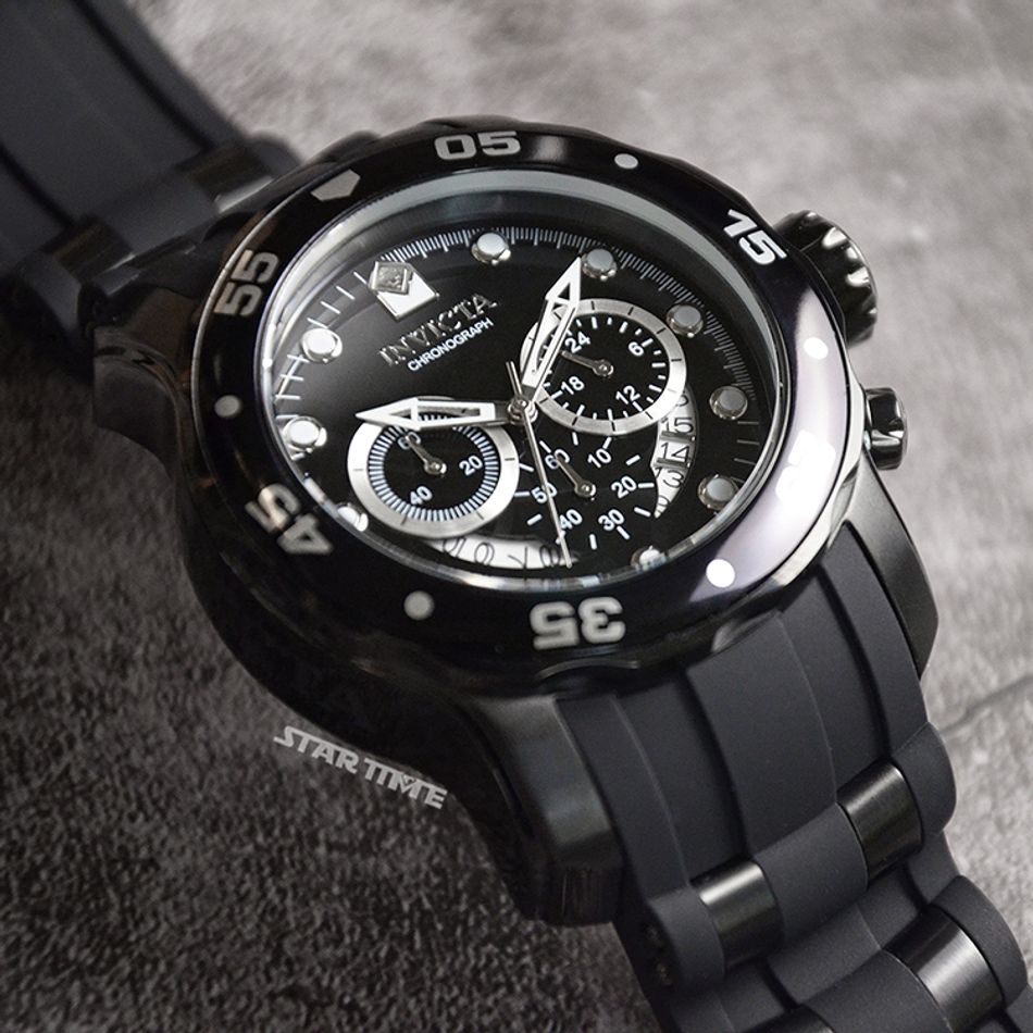 INVICTA ｜Pro Diver SCUBA 6986｜三眼計時 黑面 黑色不鏽鋼錶帶 石英錶錶面細節