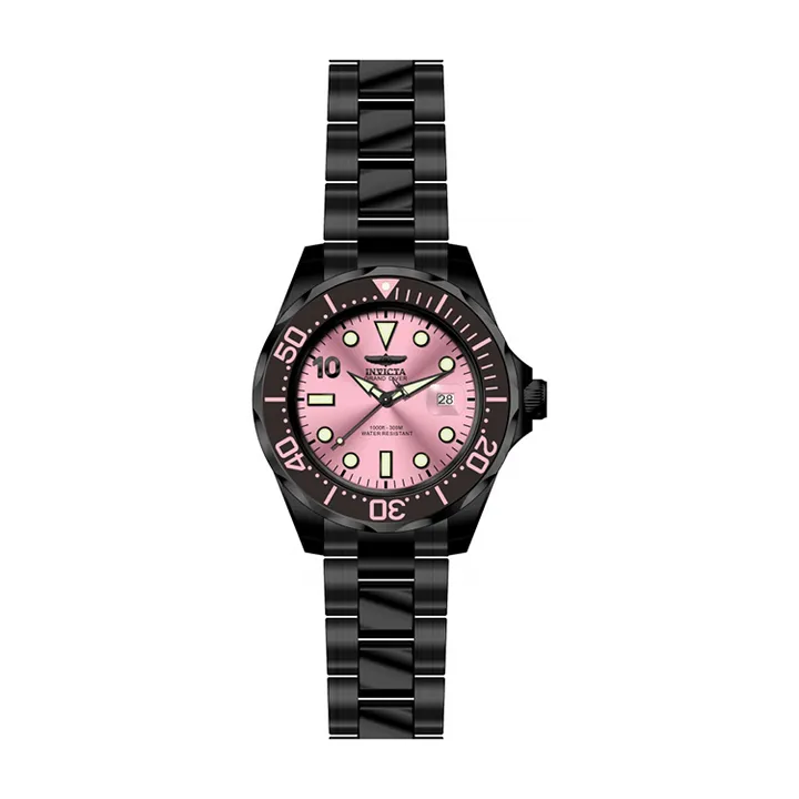 INVICTA ｜Pro Diver Miami Edition 47187｜粉紅色面 黑框 黑色不鏽鋼錶帶 夜光刻度 自動上鍊機械錶正面
