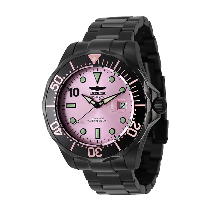 INVICTA ｜Pro Diver Miami Edition 47187｜粉紅色面 黑框 黑色不鏽鋼錶帶 夜光刻度 自動上鍊機械錶側面