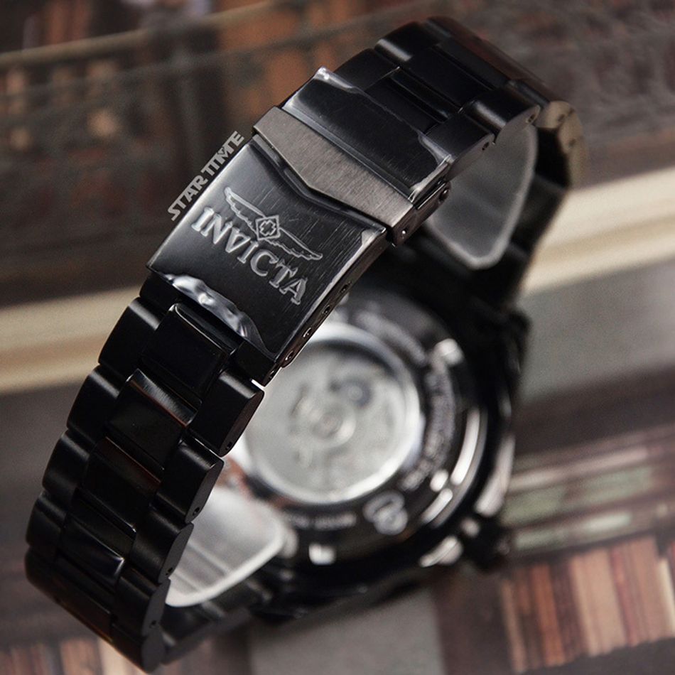 INVICTA ｜Pro Diver Miami Edition 47187｜粉紅色面 黑框 黑色不鏽鋼錶帶 夜光刻度 自動上鍊機械錶裱帶細節