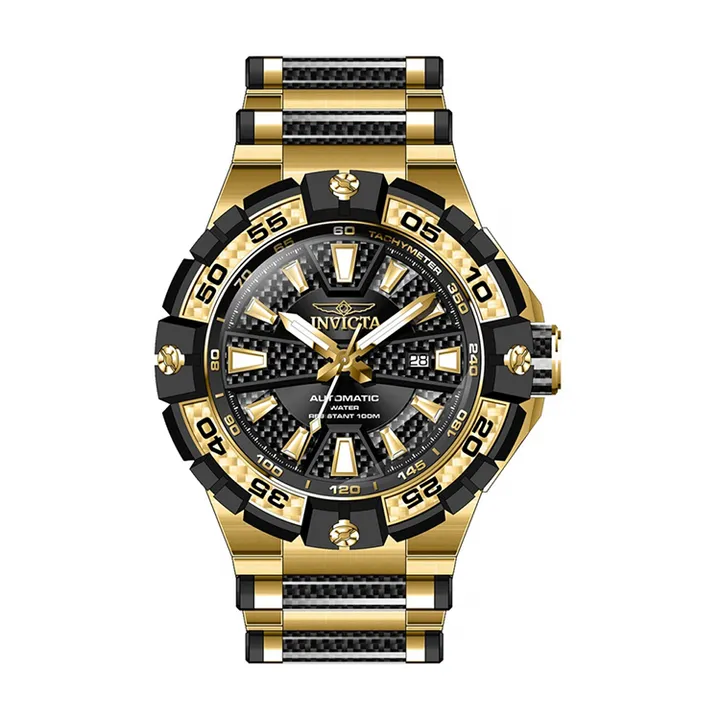 INVICTA ｜Bolt 38138｜黑金色系 不鏽鋼+碳纖維錶帶 55mm大錶徑 自動上鍊機械錶正面