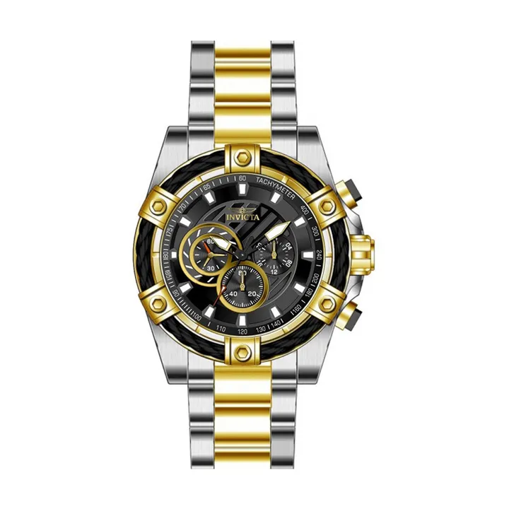 INVICTA ｜Bolt 48868｜黑面 銀+金色不鏽鋼錶帶 三眼計時鋼索造型 石英錶正面