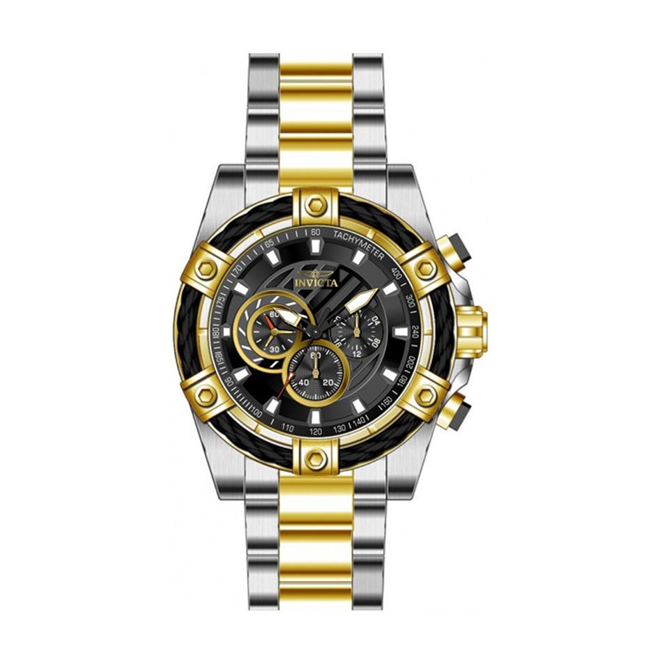 INVICTA ｜Bolt 48868｜黑面 銀+金色不鏽鋼錶帶 三眼計時鋼索造型 石英錶正面