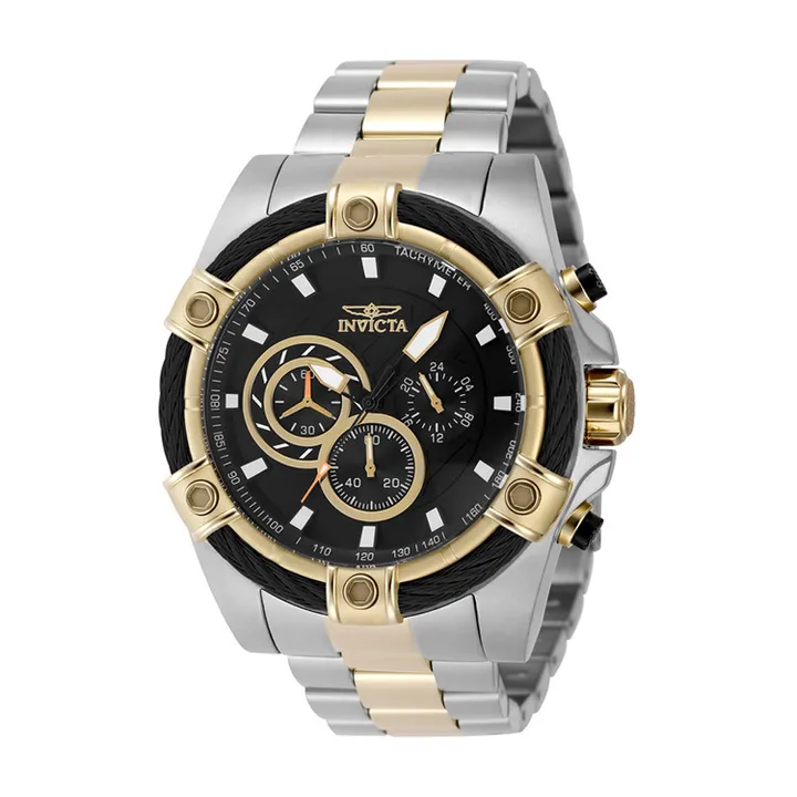 INVICTA ｜Bolt 48868｜黑面 銀+金色不鏽鋼錶帶 三眼計時鋼索造型 石英錶側面