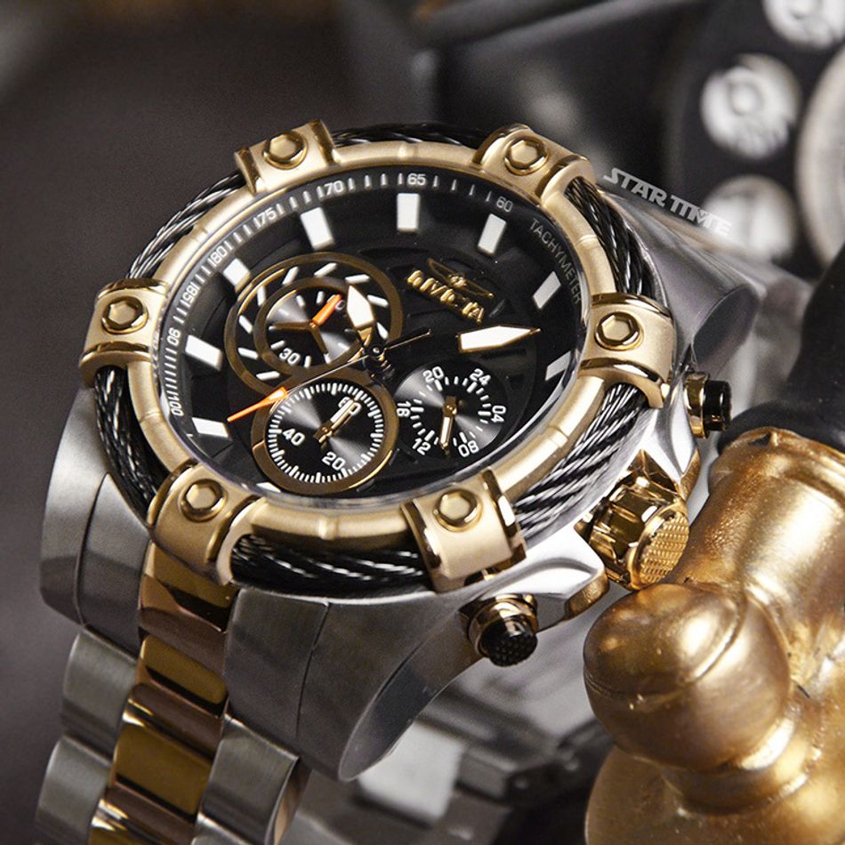 INVICTA ｜Bolt 48868｜黑面 銀+金色不鏽鋼錶帶 三眼計時鋼索造型 石英錶錶面細節