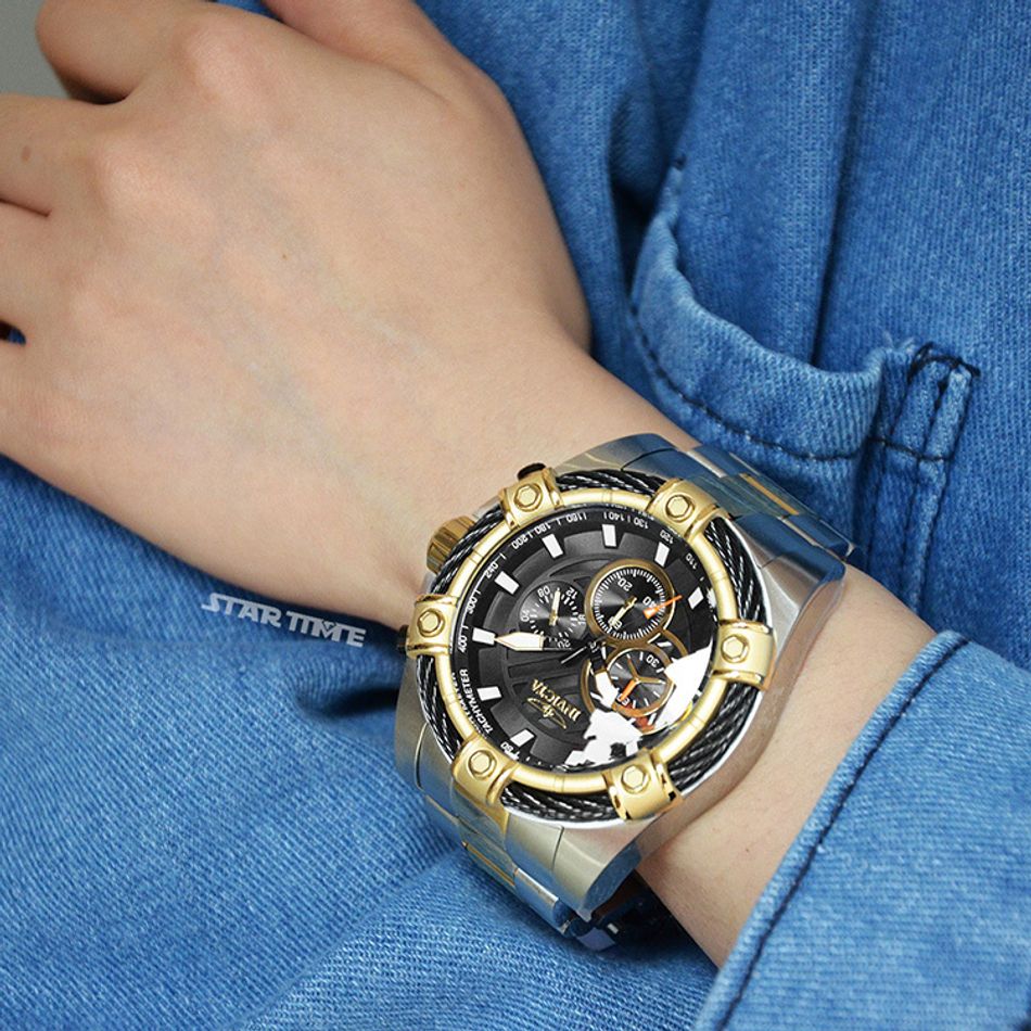 INVICTA ｜Bolt 48868｜黑面 銀+金色不鏽鋼錶帶 三眼計時鋼索造型 石英錶實戴展示