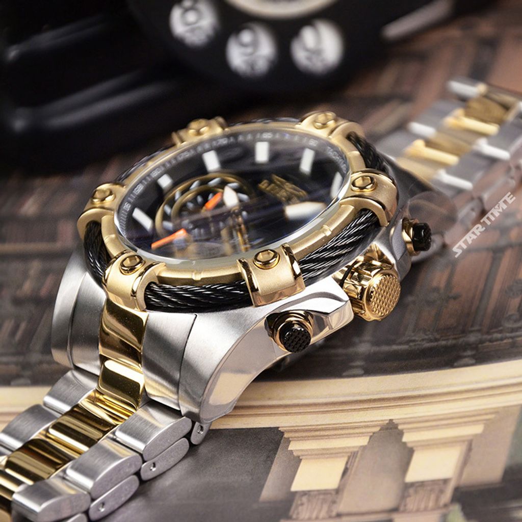 INVICTA ｜Bolt 48868｜黑面 銀+金色不鏽鋼錶帶 三眼計時鋼索造型 石英錶右側細節