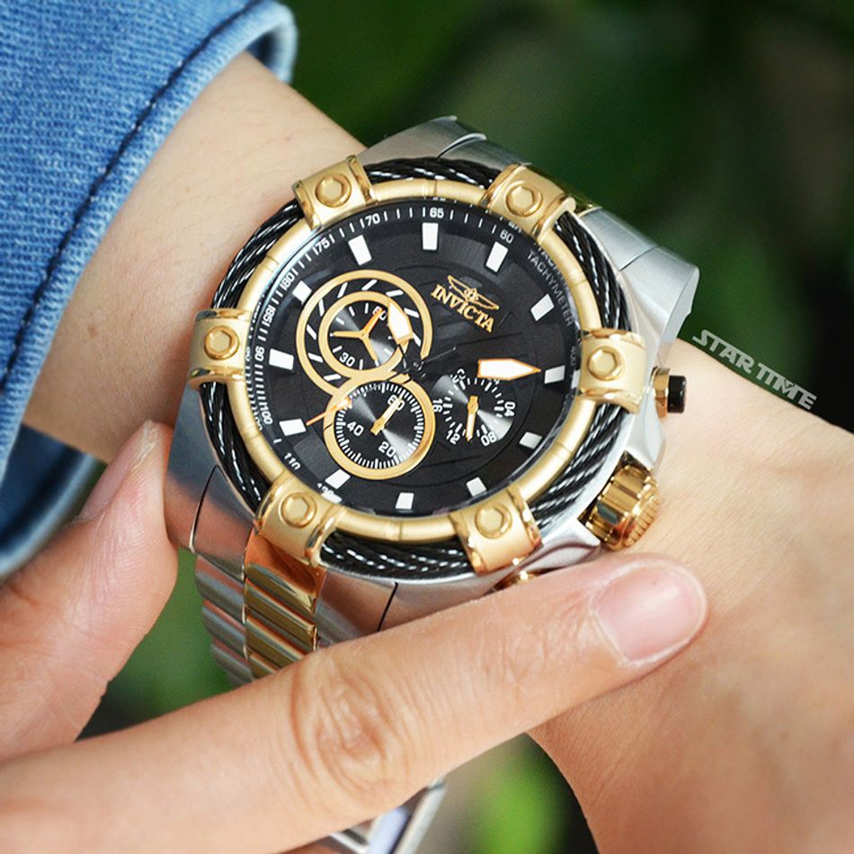 INVICTA ｜Bolt 48868｜黑面 銀+金色不鏽鋼錶帶 三眼計時鋼索造型 石英錶實戴細節
