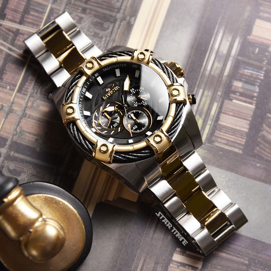 INVICTA ｜Bolt 48868｜黑面 銀+金色不鏽鋼錶帶 三眼計時鋼索造型 石英錶橫躺