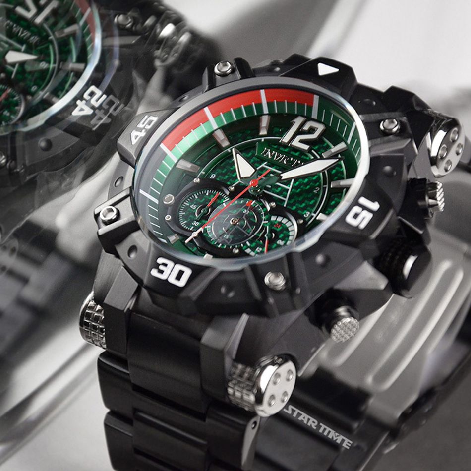 INVICTA ｜Aviator 40487｜三眼計時 綠面 黑色不鏽鋼錶帶 石英錶右側細節