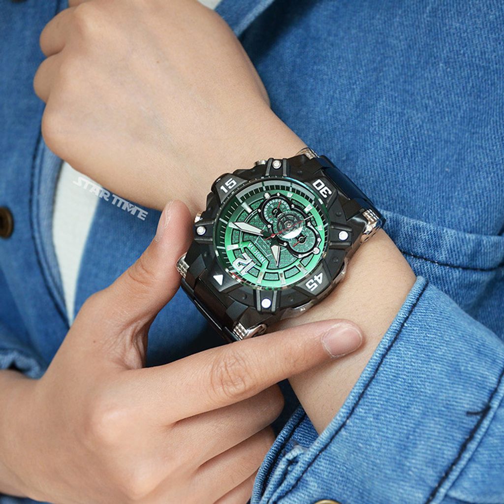 INVICTA ｜Aviator 40487｜三眼計時 綠面 黑色不鏽鋼錶帶 石英錶實戴展示