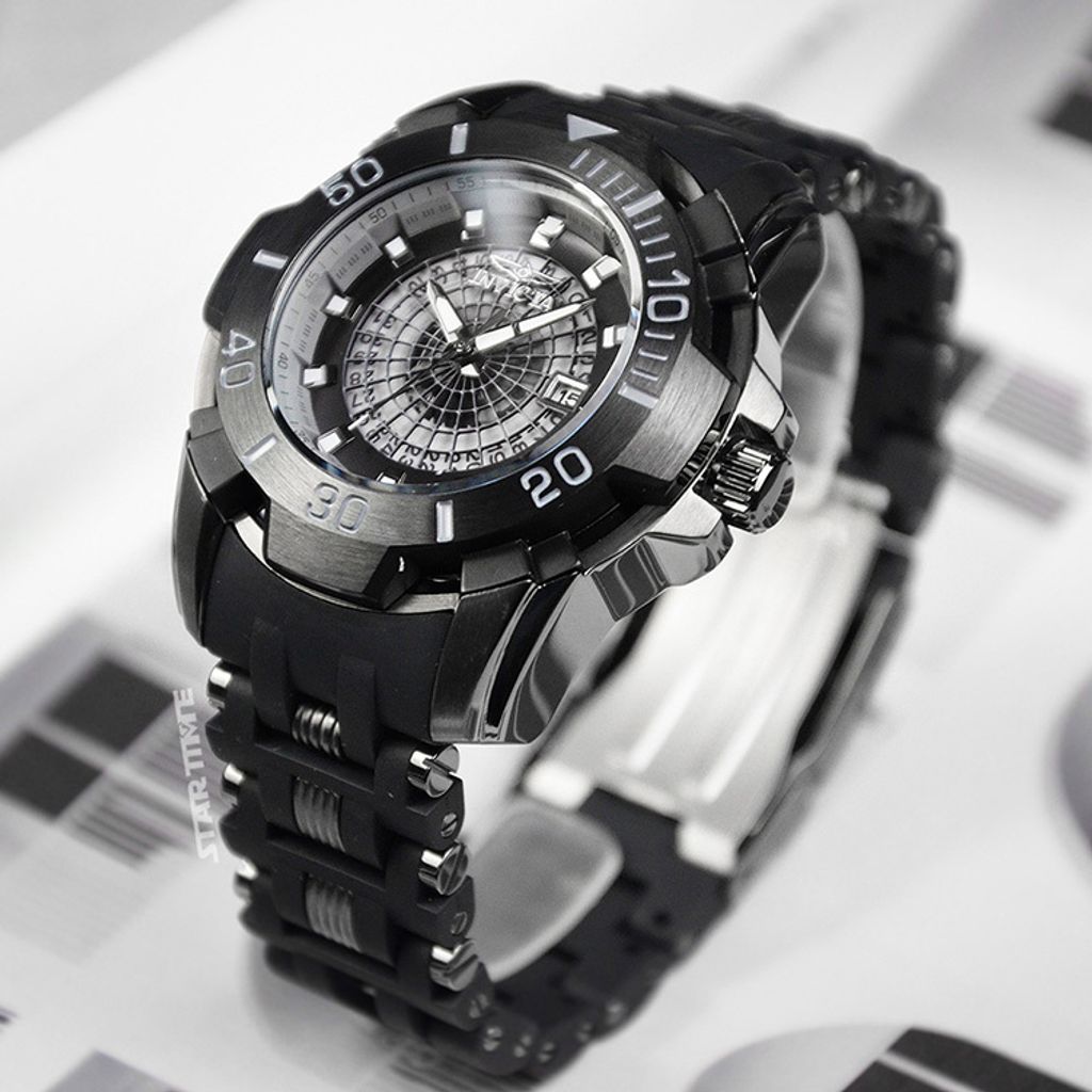 INVICTA ｜Sea Spider系列 44132｜黑色系 蜘蛛網造型錶盤 黑色PU+不鏽鋼拼接錶帶 男錶右側細節