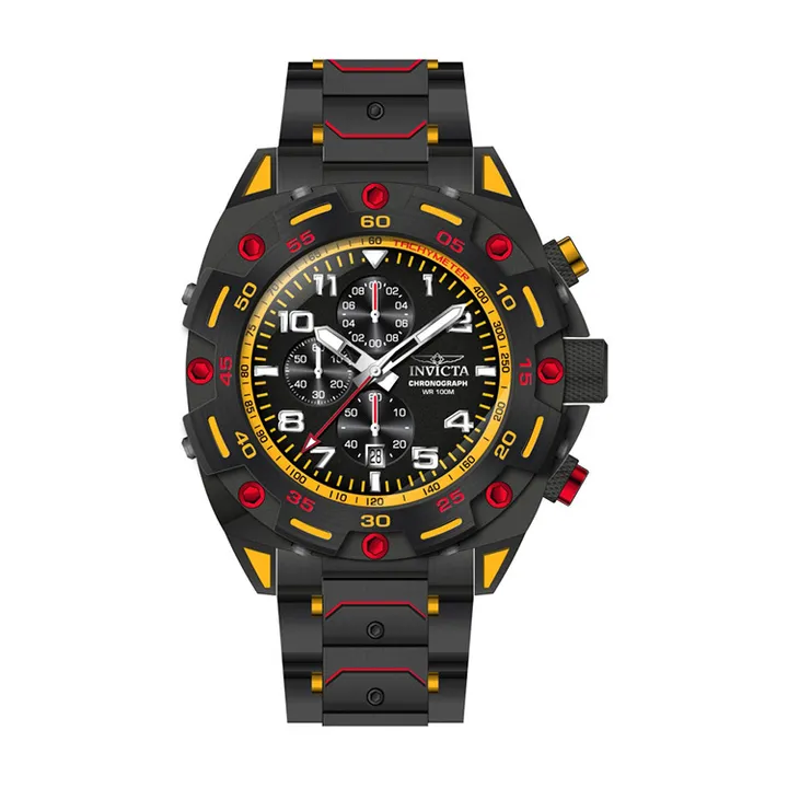 INVICTA ｜Sea Monster 37801｜三眼計時 黑黃色系 不鏽鋼錶帶 石英錶正面