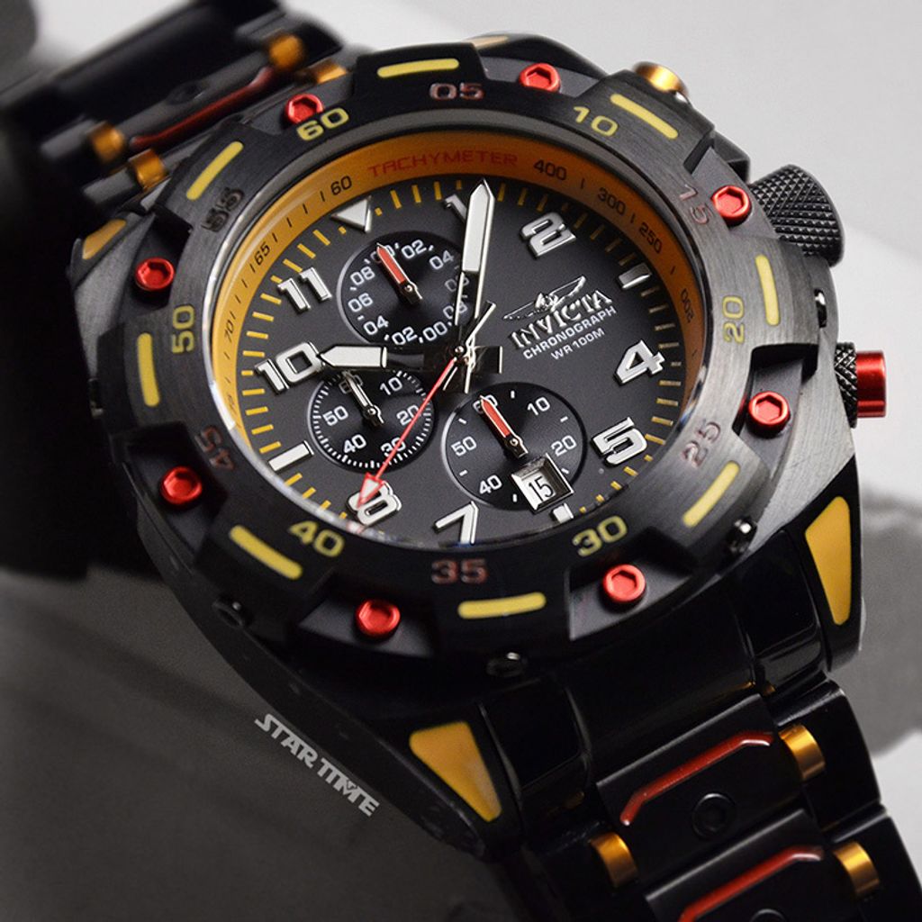 INVICTA ｜Sea Monster 37801｜三眼計時 黑黃色系 不鏽鋼錶帶 石英錶錶面細節