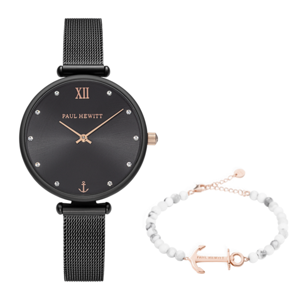 Paul Hewitt | Perfect Match PH003059SET | 霓夜黑晶鑽米蘭腕錶x大理石船錨珠鍊經典套組手錶+手環