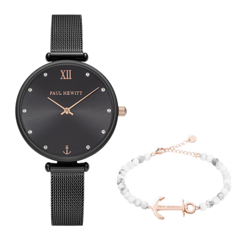 Paul Hewitt | Perfect Match PH003059SET | 霓夜黑晶鑽米蘭腕錶x大理石船錨珠鍊經典套組手錶+手環