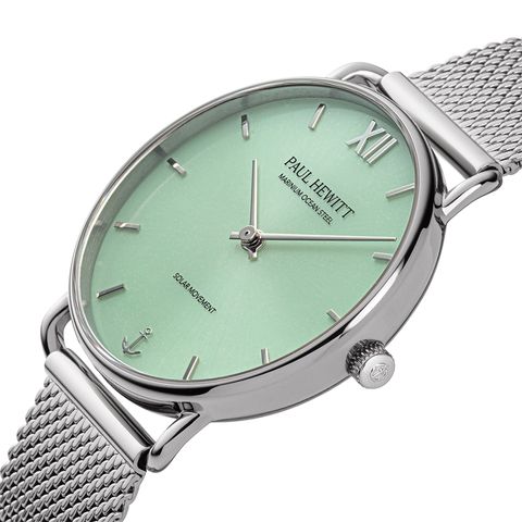 Paul Hewitt | Sailor PH-W-0514 | 銀色 綠面 米蘭帶 光動能腕錶錶面細節