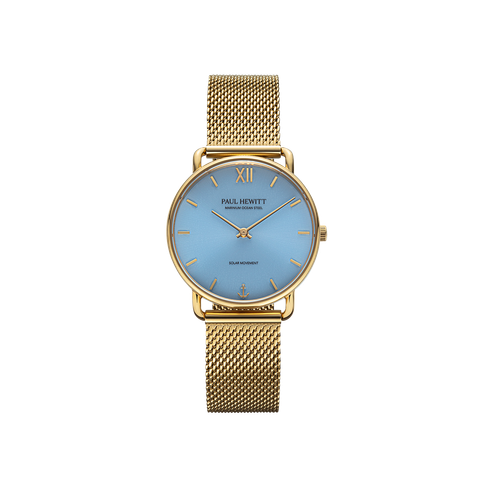 Paul Hewitt | Sailor PH-W-0516 | 金色 藍面 米蘭帶 光動能腕錶正面