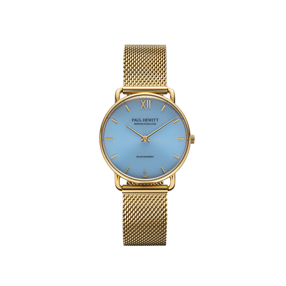 Paul Hewitt | Sailor PH-W-0516 | 金色 藍面 米蘭帶 光動能腕錶正面