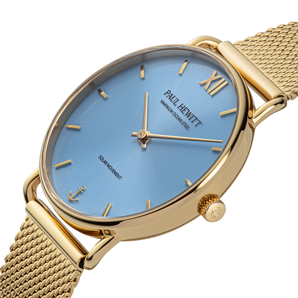 Paul Hewitt | Sailor PH-W-0516 | 金色 藍面 米蘭帶 光動能腕錶錶面細節