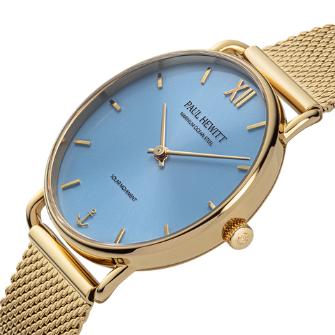 Paul Hewitt | Sailor PH-W-0516 | 金色 藍面 米蘭帶 光動能腕錶錶面細節