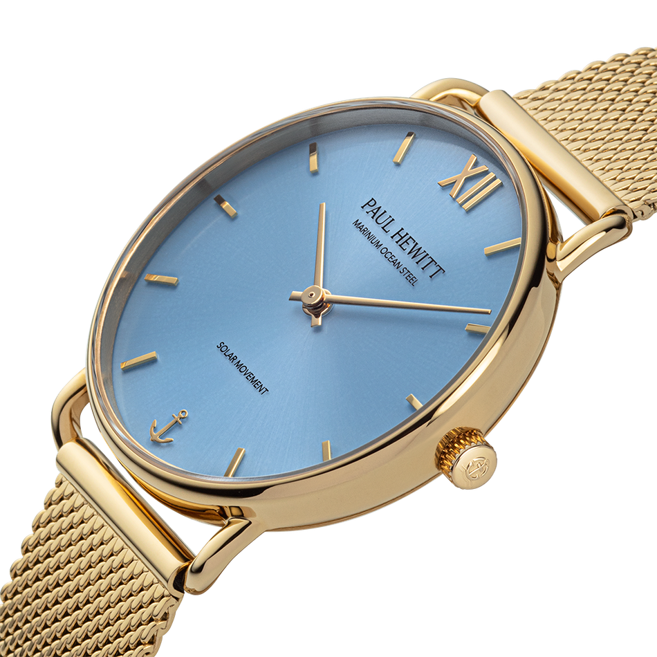 Paul Hewitt | Sailor PH-W-0516 | 金色 藍面 米蘭帶 光動能腕錶錶面細節