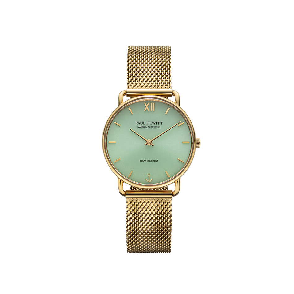 Paul Hewitt | Sailor PH-W-0512 | 金色 綠面 米蘭帶 光動能腕錶正面