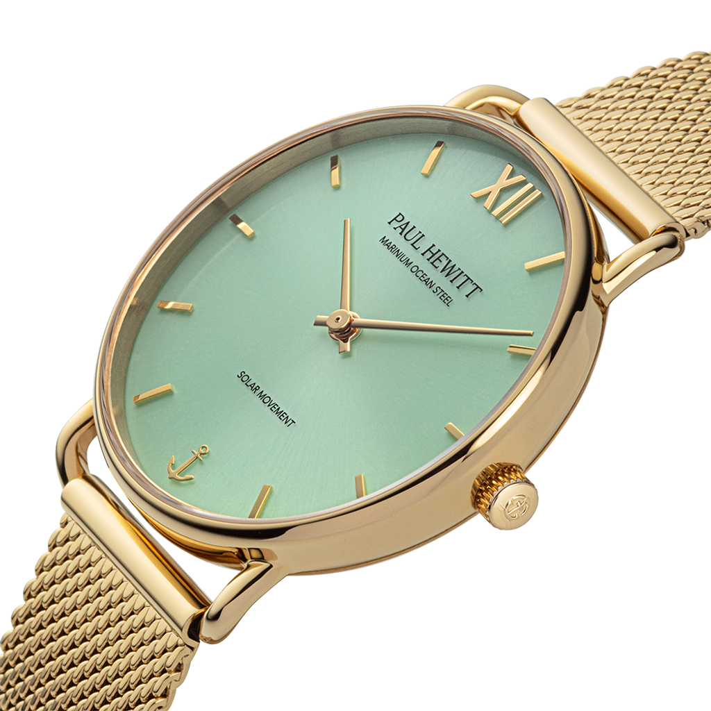 Paul Hewitt | Sailor PH-W-0512 | 金色 綠面 米蘭帶 光動能腕錶錶面細節