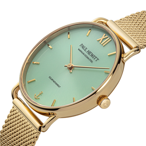 Paul Hewitt | Sailor PH-W-0512 | 金色 綠面 米蘭帶 光動能腕錶錶面細節