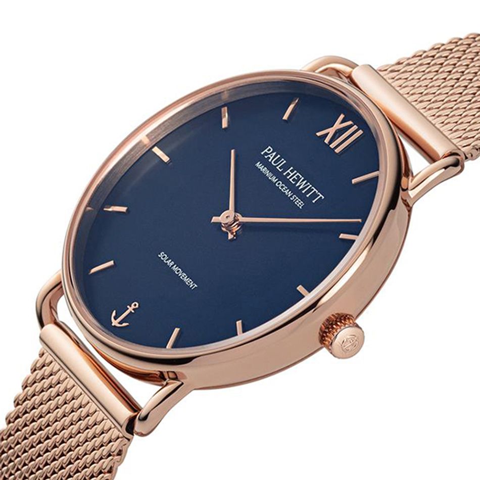 Paul Hewitt | Sailor PH-W-0319 | 玫瑰金色 深藍面 米蘭帶 光動能腕錶錶面細節