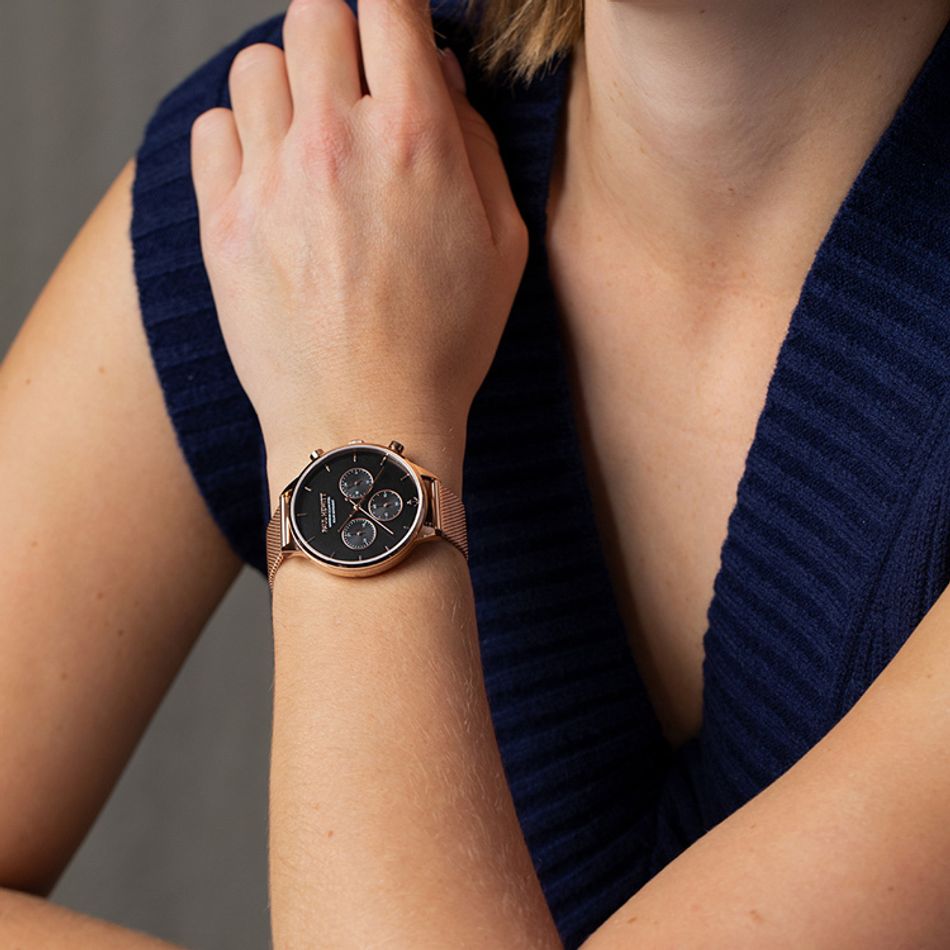 Paul Hewitt | Oceanpulse PH-W-0306 | 黑面 三眼 玫瑰金色米蘭帶 光動能腕錶實戴展示