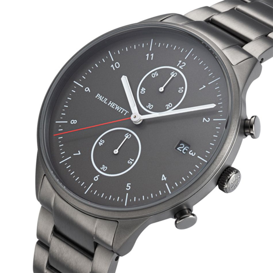 Paul Hewitt | Chrono Line PH004015 | 鐵灰面 鐵灰框 不鏽鋼鐵灰錶帶錶面細節