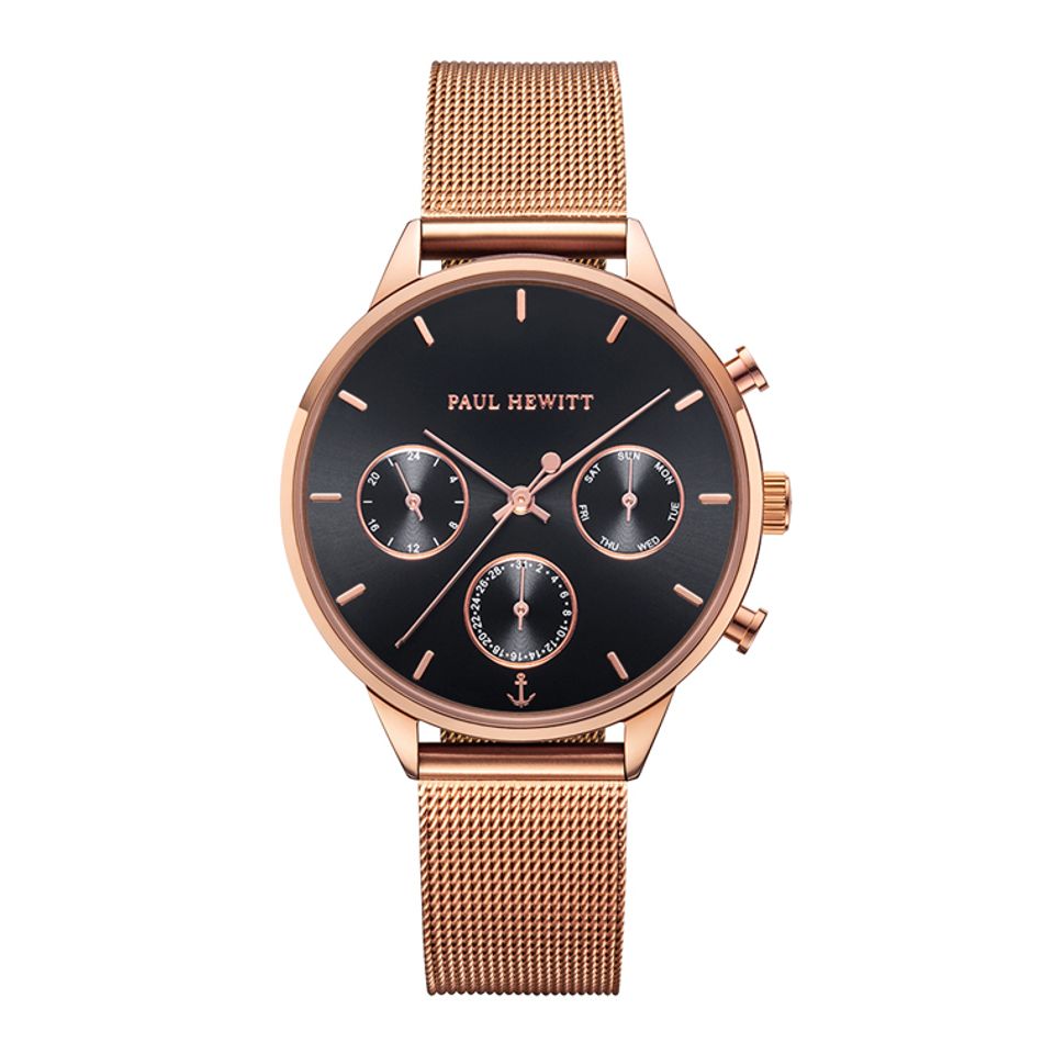Paul Hewitt | Everpulse Line PH002812 | 黑面時尚玫瑰金米蘭帶計時腕錶正面