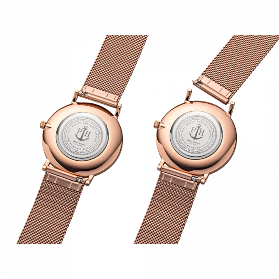 Paul Hewitt | Sailor Line PH-SA-R-SM-W-4S | 白面玫瑰金米蘭腕錶背面細節