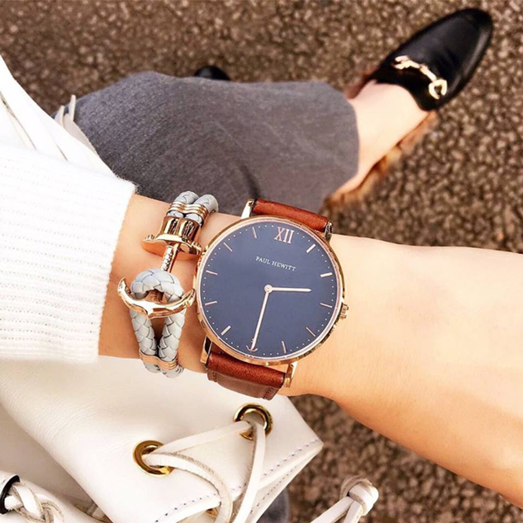 Paul Hewitt | Sailor Line PH-SA-R-SM-B-1M | 深藍面玫瑰金咖啡色皮革腕錶實戴展示