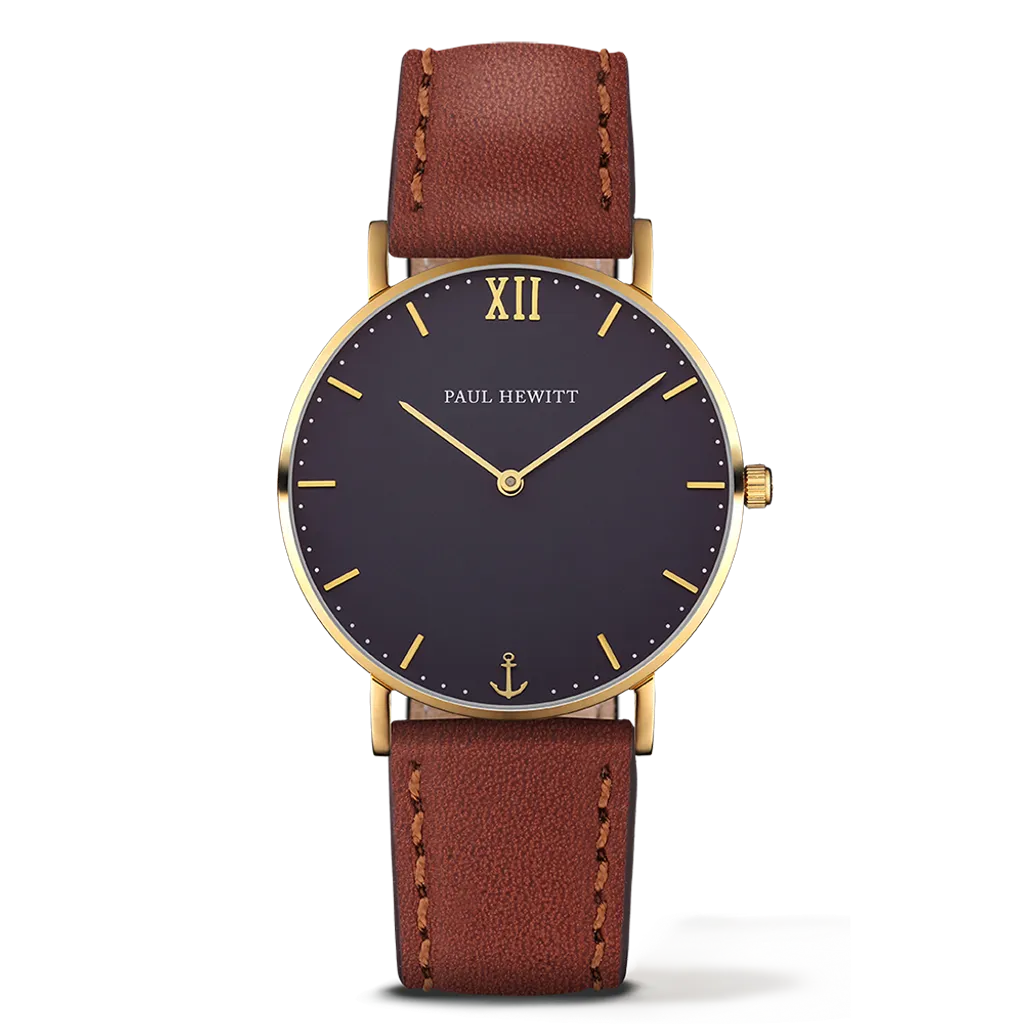 Paul Hewitt | Sailor Line PH-SA-G-SM-B-1M | 深藍面 金色 咖啡色皮革腕錶正面