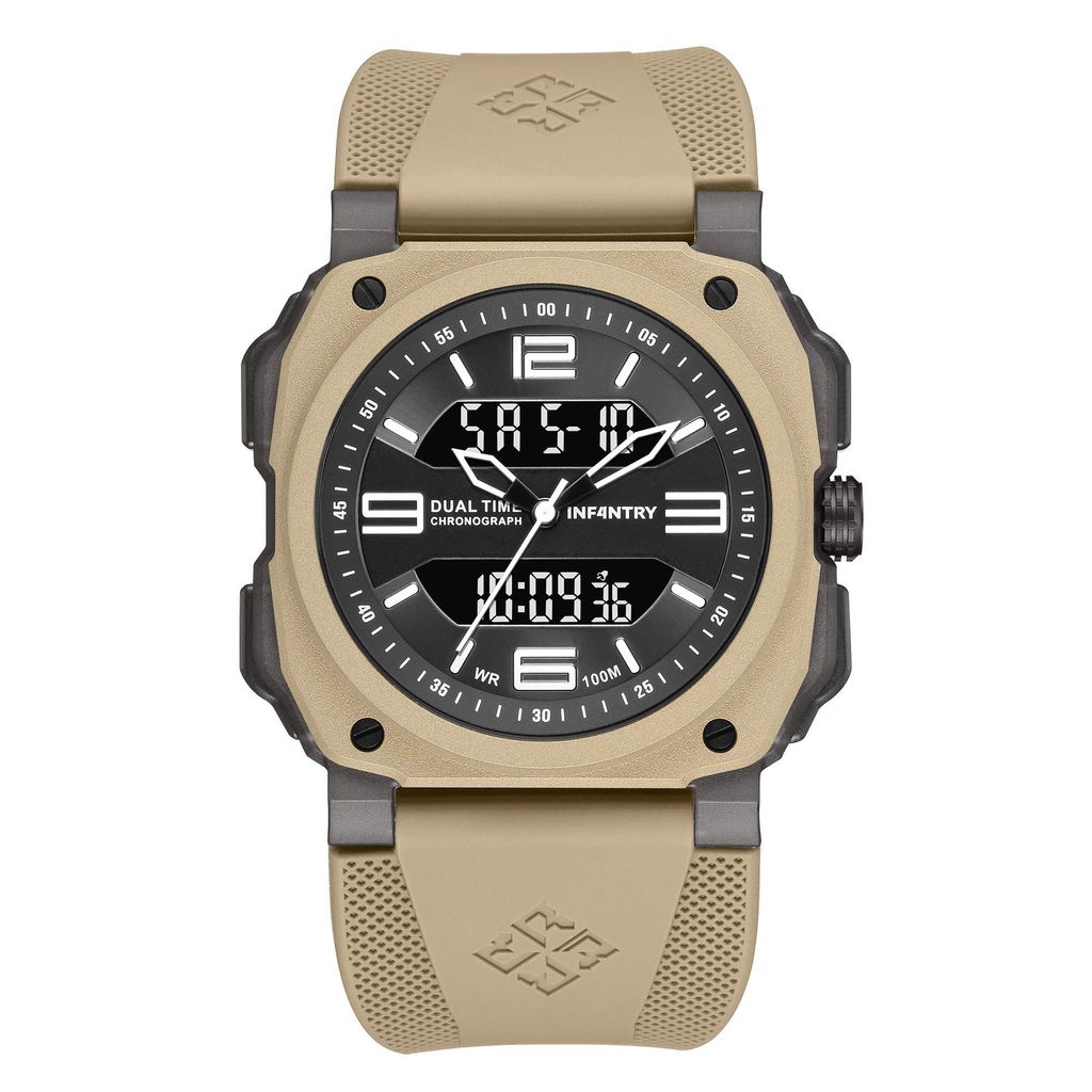 INF4NTRY | REVO47-AD01-SD | 黑面卡其色方殼腕錶 機械鏤空 男錶正面
