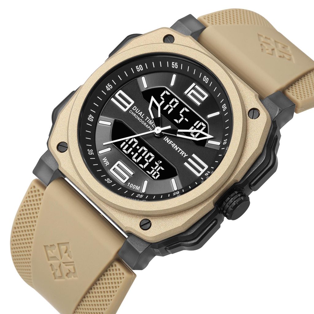 INF4NTRY | REVO47-AD01-SD | 黑面卡其色方殼腕錶 機械鏤空 男錶側面細節