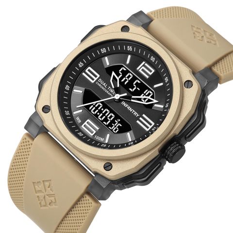 INF4NTRY | REVO47-AD01-SD | 黑面卡其色方殼腕錶 機械鏤空 男錶側面細節