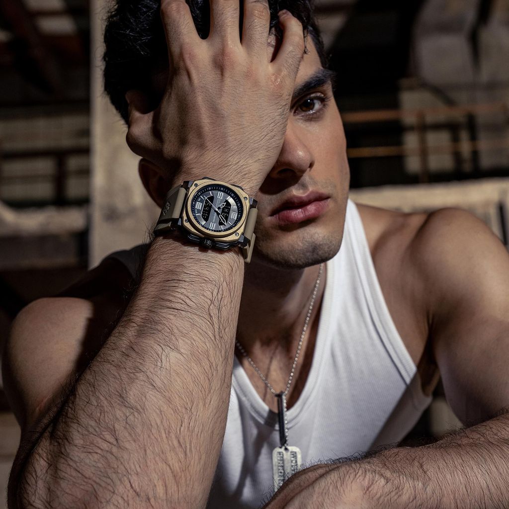 INF4NTRY | REVO47-AD01-SD | 黑面卡其色方殼腕錶 機械鏤空 男錶實戴展示