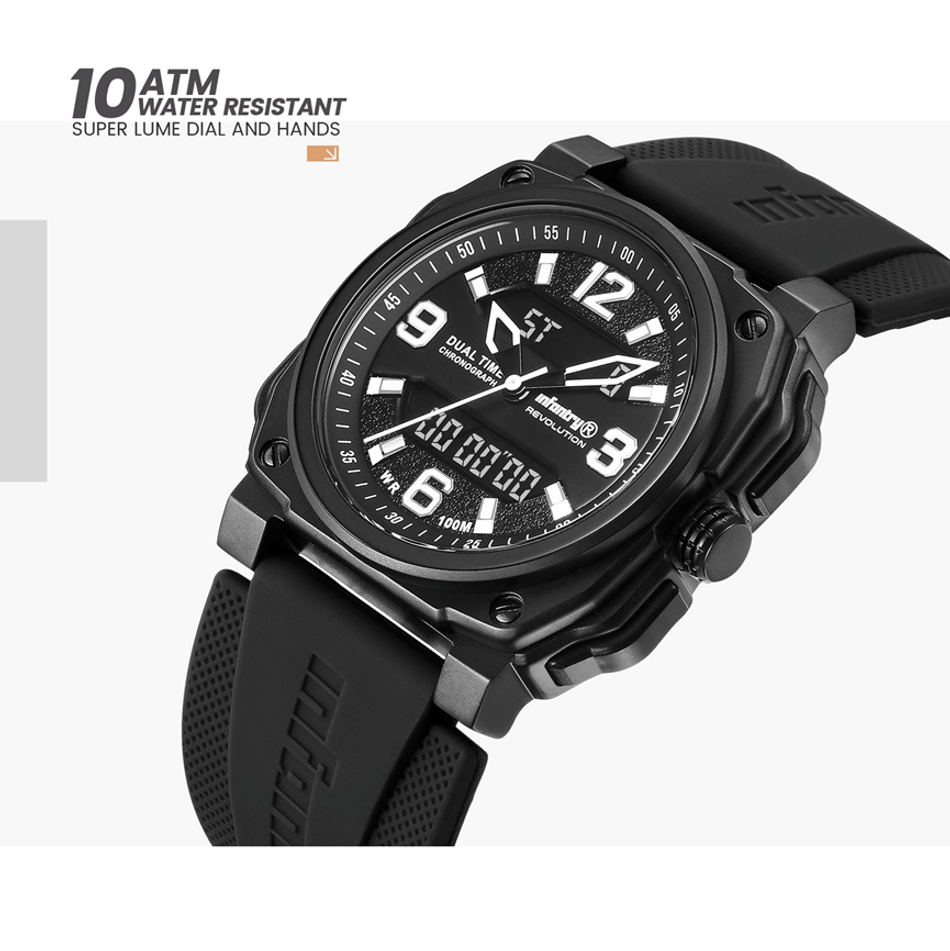 INF4NTRY |  REVO-AD-42BLACK |  白色指針 黑色方殼腕錶 雙顯式設計 女錶側面細節