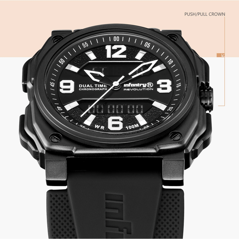 INF4NTRY |  REVO-AD-42BLACK |  白色指針 黑色方殼腕錶 雙顯式設計 女錶錶面細節