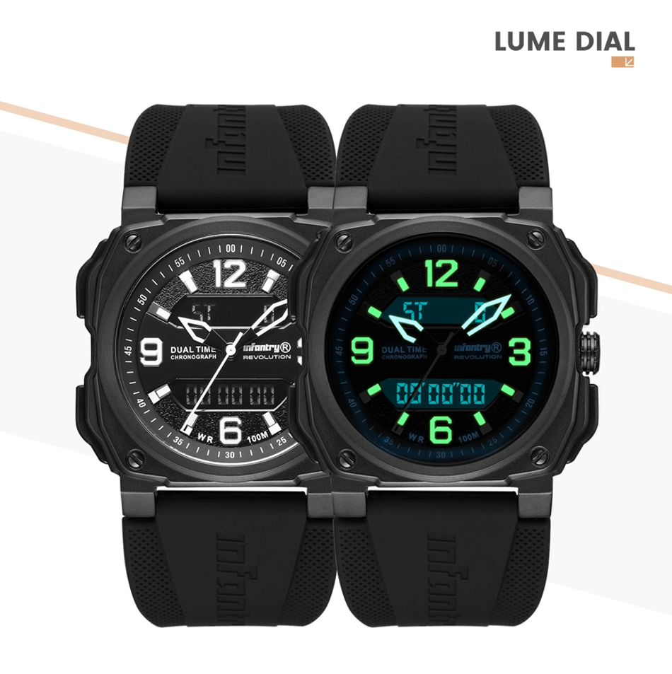 INF4NTRY |  REVO-AD-42BLACK |  白色指針 黑色方殼腕錶 雙顯式設計 女錶夜光效果