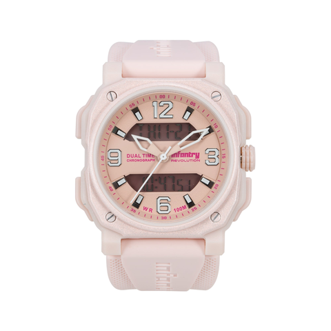 INF4NTRY |  REVO-AD-42PINK |  白色指針 櫻花粉方殼腕錶 雙顯式設計 女錶正面