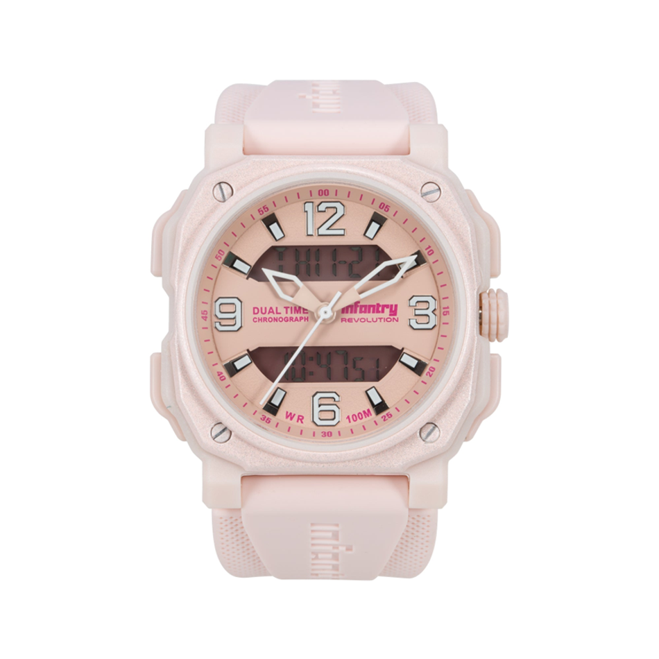 INF4NTRY |  REVO-AD-42PINK |  白色指針 櫻花粉方殼腕錶 雙顯式設計 女錶正面