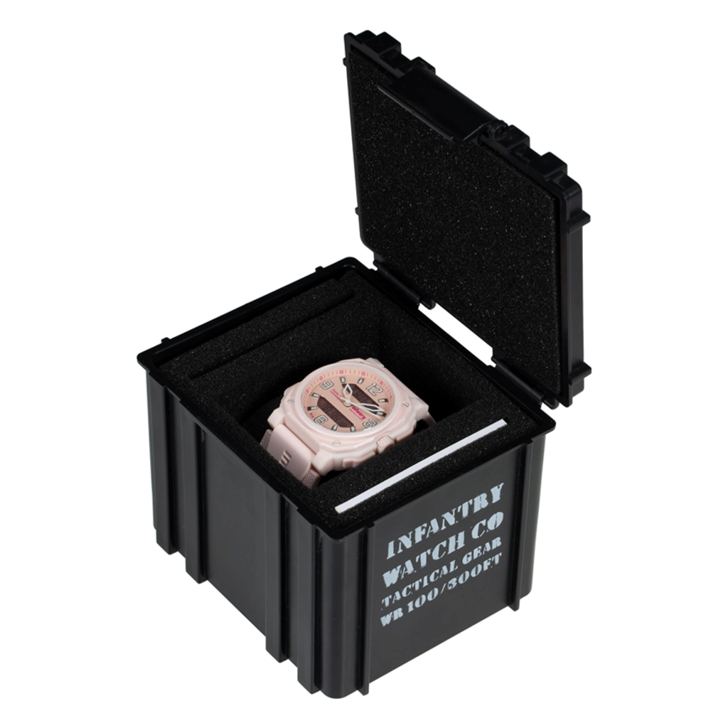 INF4NTRY |  REVO-AD-42PINK |  白色指針 櫻花粉方殼腕錶 雙顯式設計 女錶外盒