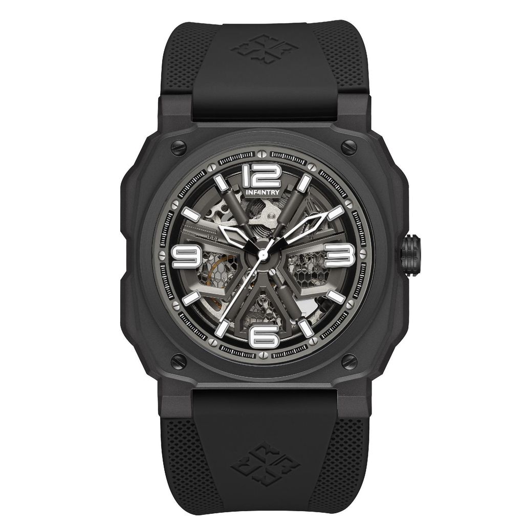 INF4NTRY | REVO47-SKL01-BK | 黑色方殼腕錶 機械鏤空 男錶正面