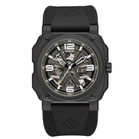 INF4NTRY | REVO47-SKL01-BK | 黑色方殼腕錶 機械鏤空 男錶正面
