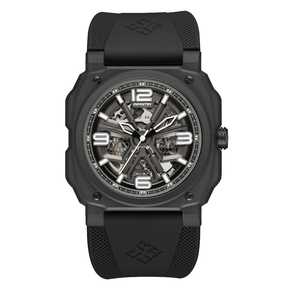 INF4NTRY | REVO47-SKL01-BK | 黑色方殼腕錶 機械鏤空 男錶正面